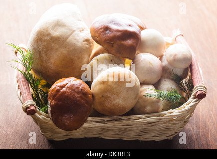 Il CEPS nel cesto preparato per la cottura sul tavolo Foto Stock