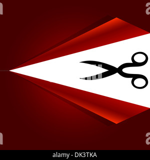 Forbici di vettore con linee di taglio su sfondo rosso Foto Stock
