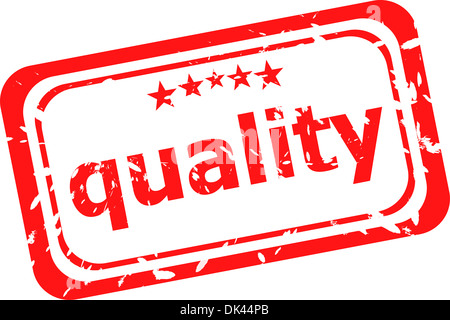 Qualità su rosso timbro di gomma su uno sfondo bianco Foto Stock