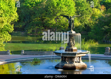 La mattina presto al 'angelo delle acque' Fontana a Bethesda terrazza nel parco centrale, Manhattan New York City USA Foto Stock