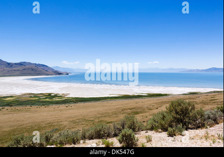 Vista su roccia bianca Bay, Antelope Island, Antelope Island State Park, fantastica Salt Lake, Utah, Stati Uniti d'America Foto Stock