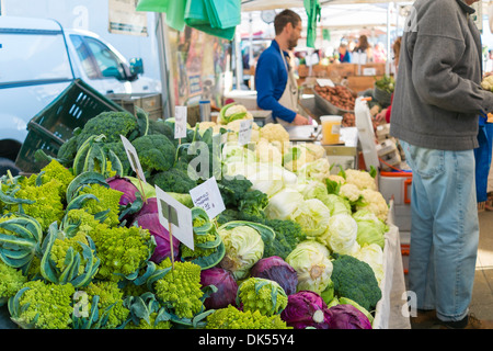 Gli agricoltori locali di mercato con prodotti freschi come Romanesco broccoli, broccoli, rosso e il cavolo bianco. Foto Stock