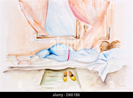 Mattina di primavera brezza giovani concetto. Ragazza dorme vicino a una finestra aperta. Acquarello dipinto a mano arte illustrazione Foto Stock