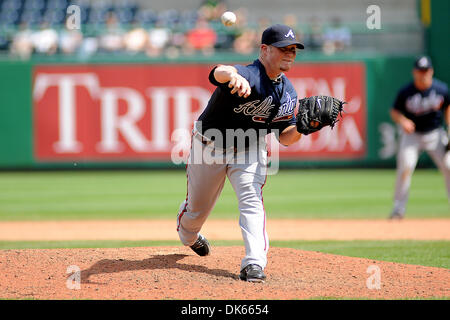 25 maggio 2011 - Pittsburgh, PENNSYLVANNIA, U.S - Atlanta Braves relief pitcher Craig Kimbrel (46) rilascia nell'undicesimo inning come i pirati di Pittsburgh prendere su Atlanta Braves al PNC Park di Pittsburgh, PA...Braves sconfitto i pirati 4-2. (Credito Immagine: © Dean Beattie/Southcreek globale/ZUMAPRESS.com) Foto Stock