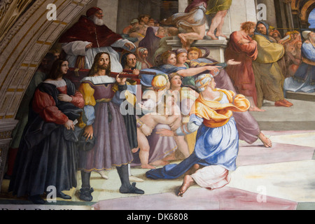 Dettagli dalla Cacciata di Eliodoro dal Tempio, un affresco progettato e dipinto da Raffaello (Raffaello Sanzio da Urbino) Foto Stock