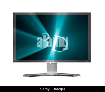 Isolato schermo piatto widescreen LCD monitor con 3D lettere e i fasci di luce Foto Stock
