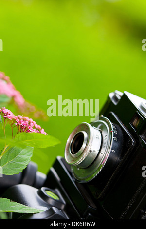 Primo piano di un classico russo fatto SLR fotocamera a pellicola noto come Cmena vicino a fiore. Foto Stock