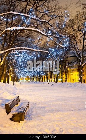 Vuoto banco nevoso sul lato sinistro di Viale innevato con le luci di Natale sugli alberi Foto Stock