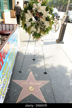 Andy Williams' 'Star' sulla Hollywood Walk of fame in Hollywood - Omaggio Floreale / Fiori di Los Angeles in California - 26.09.12 Foto Stock