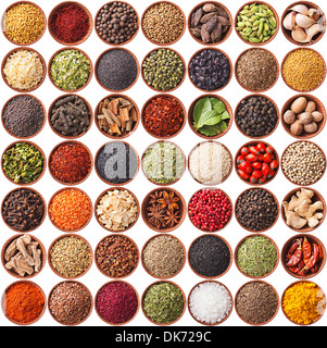 Grande raccolta di diverse erbe e spezie isolati su sfondo bianco Foto Stock