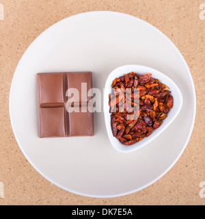 Essiccato red hot chili peppers con cioccolato sulla piastra, oltre la luce sullo sfondo di legno. Foto Stock