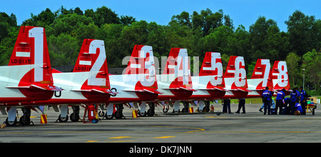 RIMBA AIR BASE, Brunei -- i membri dell'equipaggio dell'Indonesian Giove Aerobatic Team eseguire post procedure di volo dopo una pratica in volo sul flightline Rimba a base di aria durante la quarta Biennale Brunei Darussalam International Defence Exhibition, 1 Dic Foto Stock