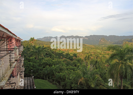 Vista dall'Hotel Los Jazmines, Valle di Viñales, Pinar del Rio provincia, Cuba, il Mare dei Caraibi e America centrale Foto Stock