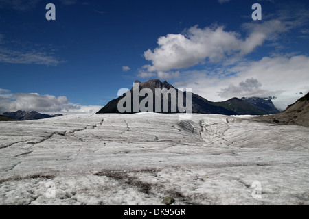 Vista dalla parte superiore della radice del ghiacciaio in Wrangell-St. Elias National Park in Alaska su una giornata estiva con cielo blu e nuvole. Foto Stock