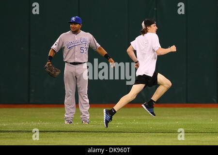 Il 10 agosto 2011 - San Pietroburgo, Florida, Stati Uniti - Un streaker costeggia Kansas City Royals center fielder Melky Cabrera (53) durante una partita di baseball tra il Tampa Bay Rays e Kansas City Royals al Tropicana campo. I raggi win 8 - 7 (credito Immagine: © Luca Johnson/Southcreek globale/ZUMApress.com) Foto Stock