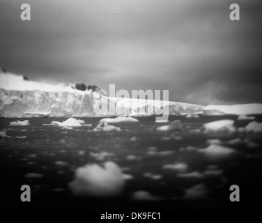 L'Antartide, de Cuverville Island, offuscata immagine in bianco e nero di iceberg della baia di riempimento lungo Errera Canale su nuvoloso al mattino Foto Stock