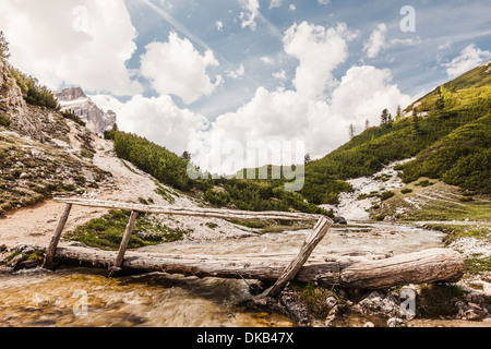 Ponte rustico, Fanes Hochebene, Alta Badia Alto Adige, Italia Foto Stock