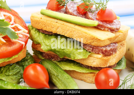 Panini con salame, formaggio, cherry pomodoro e erbe su piastra. Foto Stock