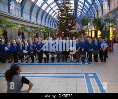 Coro per bambini cantanti a Blackpool, Lancashire, Regno Unito del 4 dicembre, 2013. La Chiesa di San Nicola di Inghilterra gli allievi della scuola primaria, musicale, felice, celebrazione, chorus, kids fun, giovani, tradizionale, bambino, prestazioni, scuola infanzia, intrattenimento, canto presso i Giardini Invernali Blackpool Opera House Teatro Open day. Per celebrare 135 con la comunità locale e i visitatori di Blackpool. Uno del Regno Unito più grandi teatri, giardini d'inverno Opera House, ha visto un cast di migliaia di persone il battistrada le sue commissioni sin dalla sua apertura nel 1939. Foto Stock