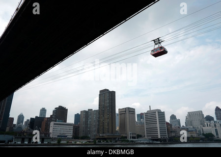 Il Roosevelt Island Tram è una linea tramviaria di New York City che si estende a est del fiume e collega Roosevelt Island Foto Stock