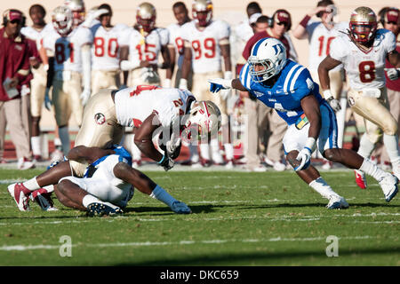 Ottobre 15, 2011 - Durham, North Carolina, Stati Uniti - Florida State Seminoles running back Lonnie Pryor (24) viene affrontato. Florida State sconfitte duca 41-16 presso lo Stadio Wallace Wade, Durham NC. (Credito Immagine: © Mark Abbott/Southcreek/ZUMAPRESS.com) Foto Stock