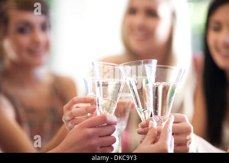 Il gruppo di amici di sesso femminile la tostatura con un bicchiere di champagne Foto Stock