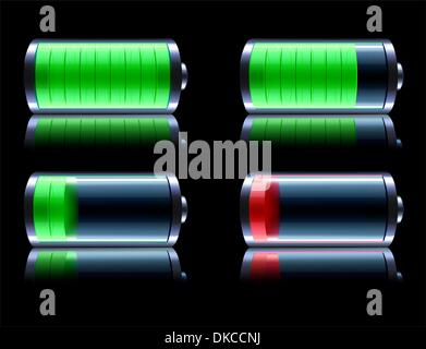 Illustrazione di vettore di quattro lucida dettagliata indicatore del livello di carica della batteria le icone su nero sfondo riflettente Illustrazione Vettoriale