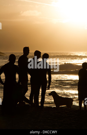 I surfisti e un cane sulla spiaggia di Llandudno al tramonto, Città del Capo Foto Stock