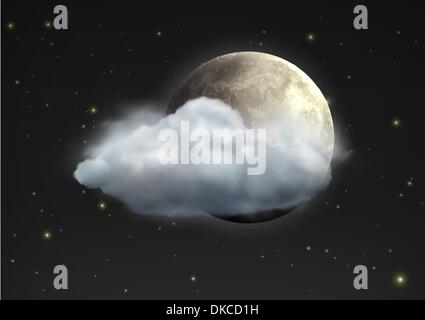 Illustrazione Vettoriale di raffreddare singola icona meteo - luna realistico con il cloud galleggianti nel cielo notturno Illustrazione Vettoriale