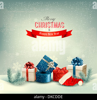 Natale sfondo inverno con presenta. Vettore. Foto Stock