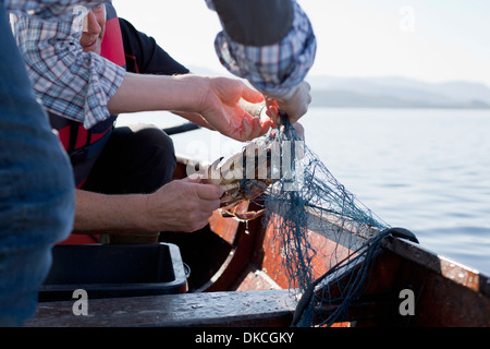 Le persone sulla barca da pesca dei granchi, Aure, Norvegia Foto Stock