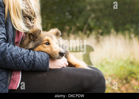 Dettaglio della ragazza seduta sul banco di paese con il cane Foto Stock