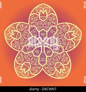 Mandala orientali motif round lase pattern su sfondo giallo, come il simbolo del fiocco di neve o mehndi vernice gialla sul colore di sfondo Illustrazione Vettoriale