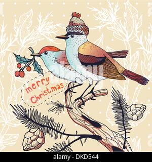 Natale illustrazione vettoriale di un paio di inverno Uccelli seduti sui rami di abete Illustrazione Vettoriale