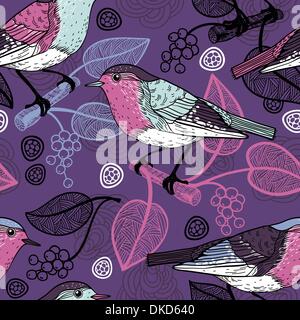 Vettore seamless floral pattern con uccelli e bacche su uno sfondo viola Illustrazione Vettoriale