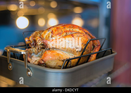 La Turchia cotte messi in salamoia e conditi con spezie nella teglia per la cena del Ringraziamento con forno sfocata sullo sfondo Foto Stock