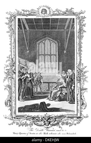 La condanna a morte di leggere per la Regina Maria di Scozia nella sala del castello di Fotheringay in cui ella è stato decapitato Foto Stock
