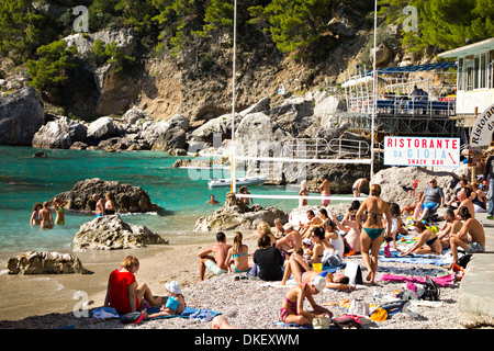 Lucertole da mare e nuotatori a Marina Piccola, Capri, Campania,Italia, Europa Foto Stock