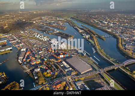 Vista aerea, costruzione di ponti all'Rhenus Partnerschaft, Vinckeufer shore, porto di Duisburg, Duisport, fiume Ruhr Foto Stock