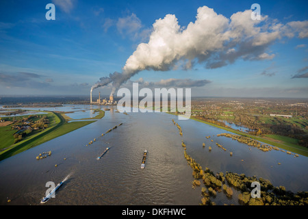 Duisburg-Walsum, Reno, STEAG Voerde Power Plant in distanza, inondazione, vista aerea, Rheinberg, Renania settentrionale-Vestfalia Foto Stock