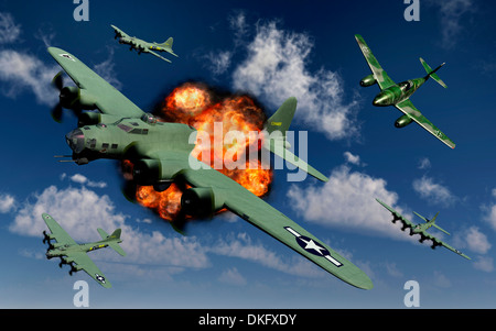 Un tedesco Messerschmitt 262 jet fighter, attaccando American B-17 bombardieri. Foto Stock