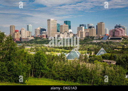 Lo skyline della città dal di sopra del Conservatorio Muttart in Edmonton, Alberta, Canada. Foto Stock