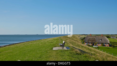 Vista al di sopra del dyke, isola di Pellworm, Germania Foto Stock