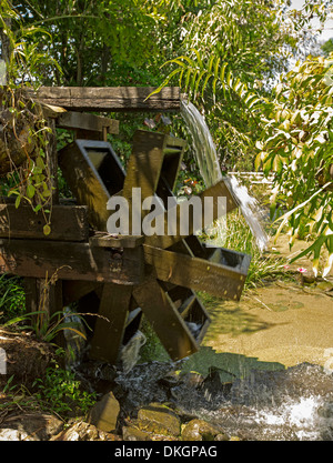 Esclusiva funzione di acqua - acqua versando su grandi rotante waterwheel in legno nel laghetto in giardino circondato da una fitta vegetazione Foto Stock