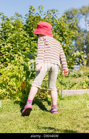 Vista posteriore del bambino in piedi in giardino e ammirare piante verdi e fiori Foto Stock