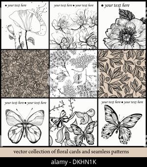 Set di vettore di seamless motivi floreali e disegnati a mano le carte con fiori e farfalle Illustrazione Vettoriale