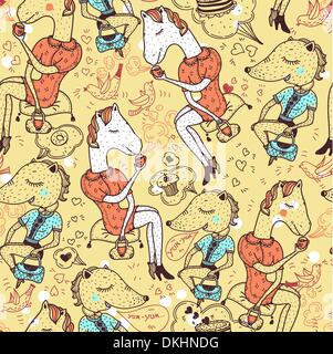 Modello di vettore con divertenti animali bere il tè con tortine Illustrazione Vettoriale