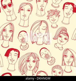 Vector seamless pattern con disegnati a mano i ritratti di adulti e bambini Illustrazione Vettoriale