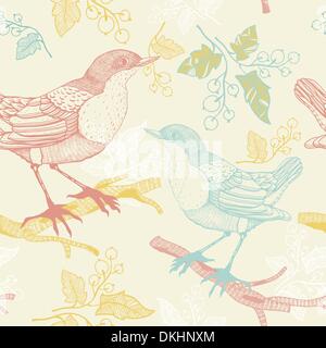Vector seamless pattern con uccelli e bacche Ribes Illustrazione Vettoriale
