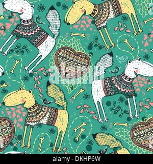 Vector seamless pattern con cani divertenti e cuori di maglia Illustrazione Vettoriale